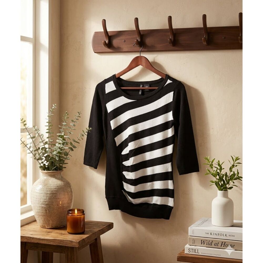 New Directions Top Womens S Black White Stripe Pleated Half Sleeve Knit Pullover
